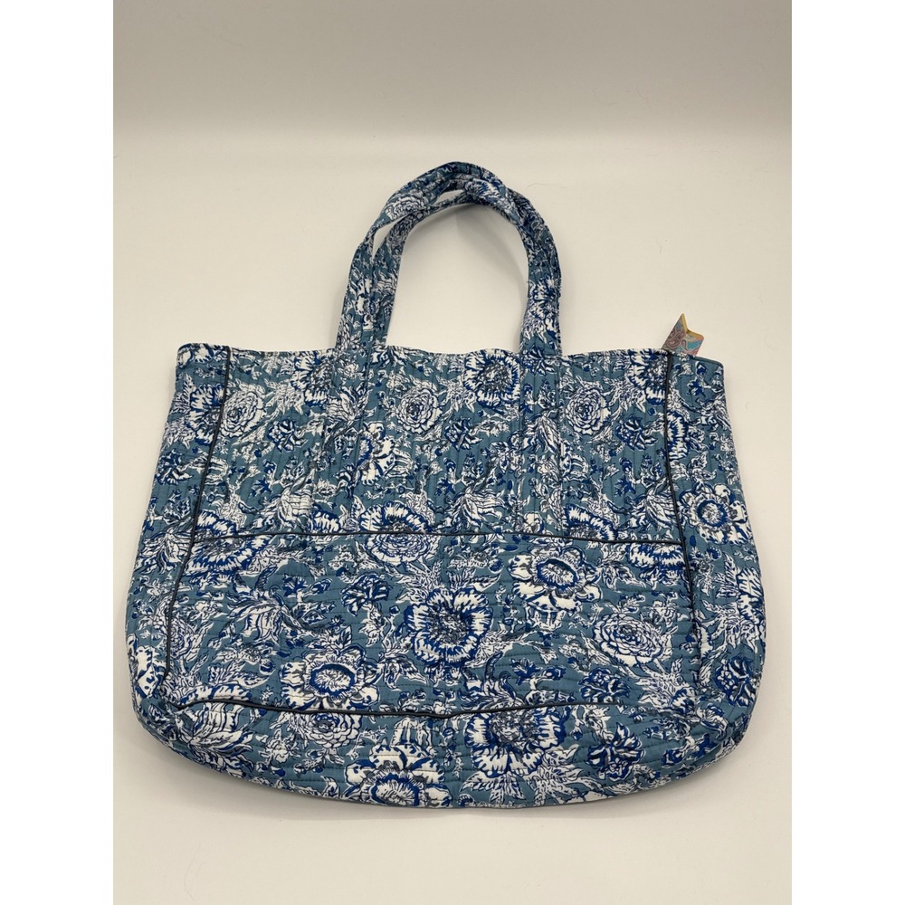 Karma Highway Blue Floral Quilted Cotton Tote Bag Block Print Boho Handbag